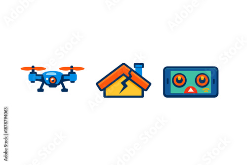 Drone, Damaged House and Robot Face Icons on Dark Background