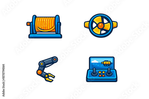 Set of four flat design icons related to robotics and technology