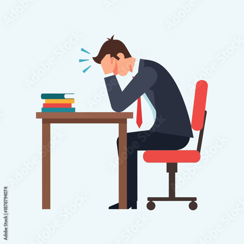 Stressed businessman sitting at a desk with a pile of books, overwhelmed by work and exhaustion, conveying the pressure of corporate life and mental fatigue