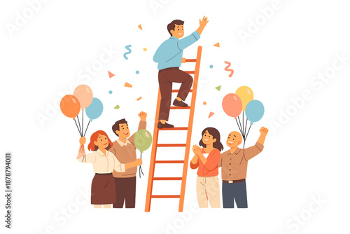 Man climbing ladder celebrates success with balloons and confetti