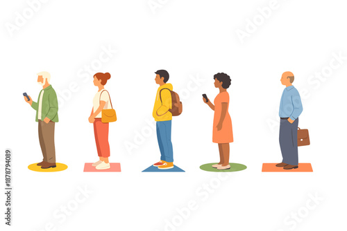 Diverse people in a line illuminated by colorful lights