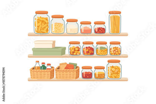 Pantry Shelves with Jars of Food and Baskets