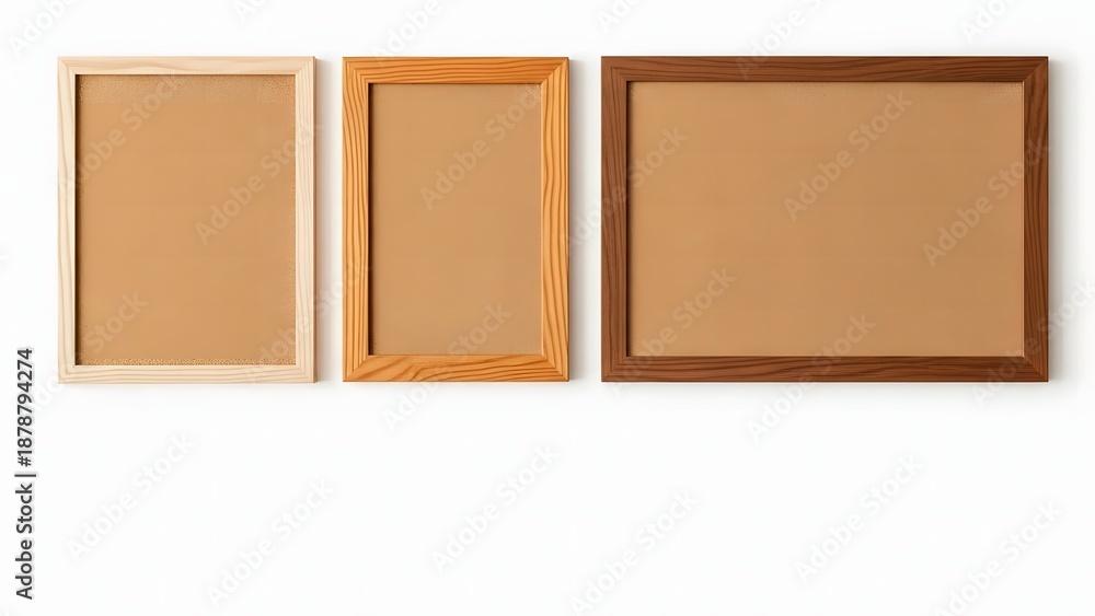 Fototapeta premium Set of Three Empty Wooden Picture Frames of Various Sizes and Tones Arranged on a Clean White Wall Mockup for Gallery Display