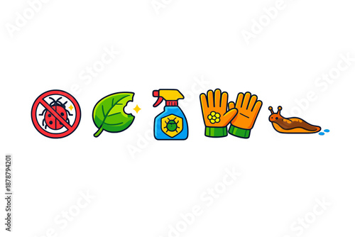 Gardening icons: pest control, plant damage, spray, gloves, slug