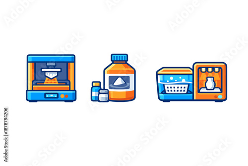 3D printing equipment icons: printer, resin, wash and cure station