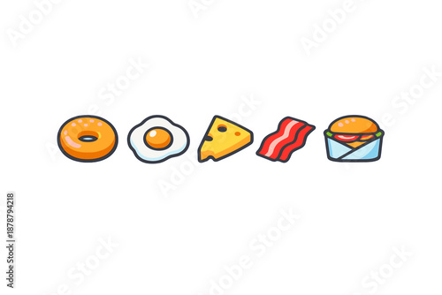 Cute food icons: bagel, fried egg, cheese, bacon, burger