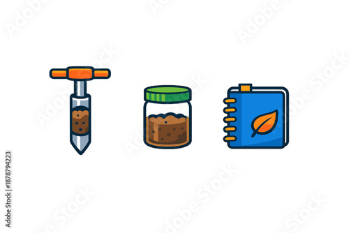 Gardening and planting icons: soil sampler, jar, notebook with leaf