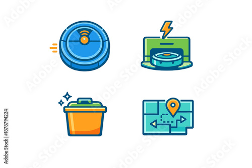 Robot vacuum icons: cleaning, charging, dustbin, navigation