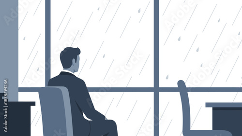 A man in a suit contemplates the rainy weather outside a large window, reflecting on business and life