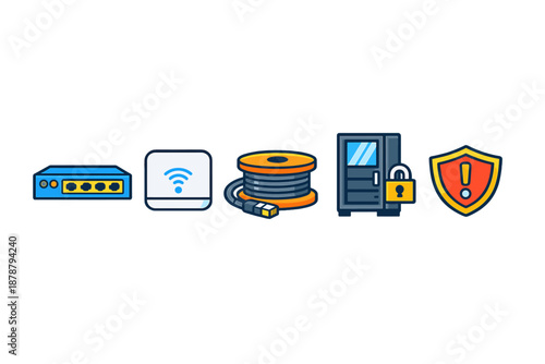 Network technology icons: router, WiFi, cable, server, security