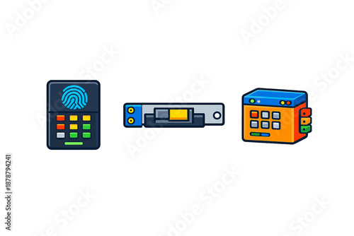 Technology icons: fingerprint scanner, server, and keypad