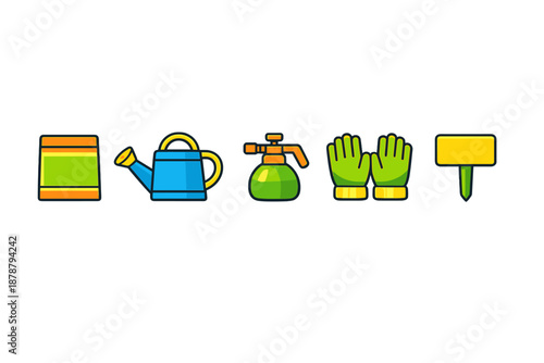 Gardening tools flat icons set on gray background