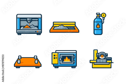 Set of six industrial equipment icons with a colorful flat design