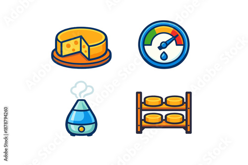 Collection of icons: cheese, gauge, humidifier, and cheese rack
