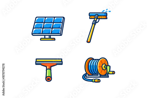 Solar panel cleaning tools icon set