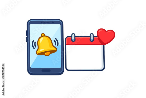 Smartphone with notification bell and calendar with heart icon