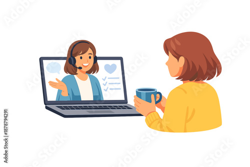 Woman having online consultation with support agent on laptop
