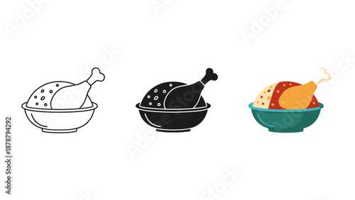 Roasted turkey legs in bowls line art black and white and colored illustrations
