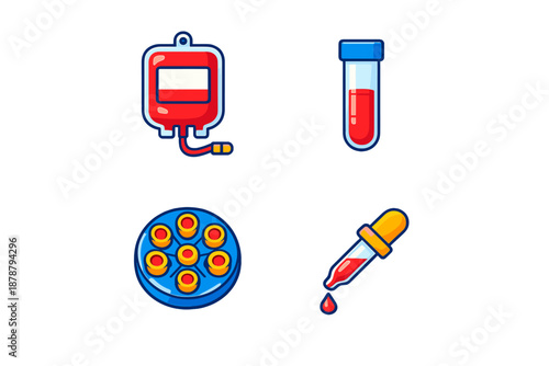 Medical icons: blood bag, test tube, centrifuge, and dropper