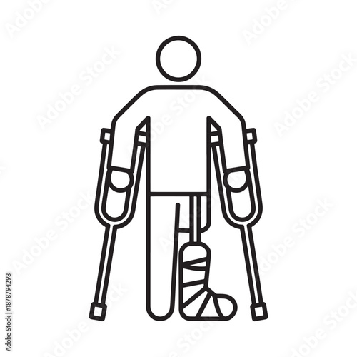 A simple line drawing depicting a person with crutches and a cast