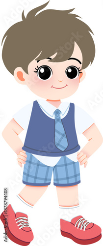 A smiling cartoon boy in school uniform standing confidently with hands on hips