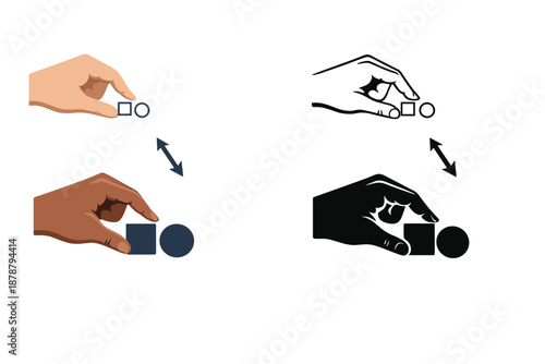 Hands holding shapes, contrasting light and dark versions