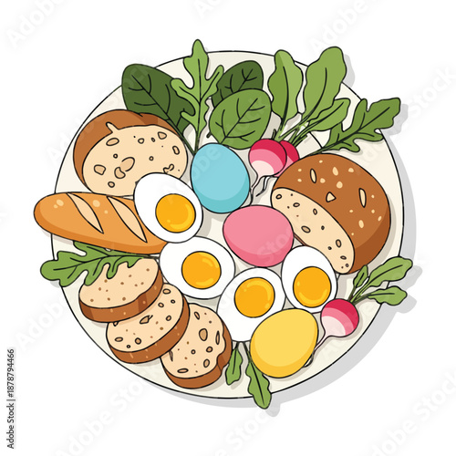A delightful breakfast spread featuring eggs bread and fresh greens