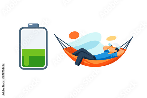 Recharged person relaxing in a hammock, next to a battery icon