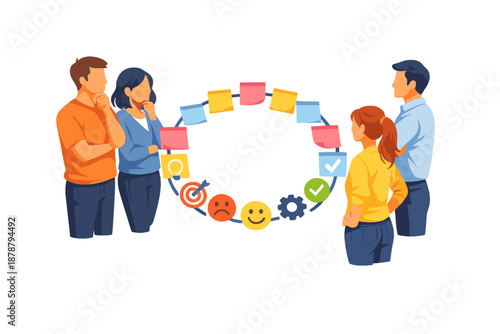 Team brainstorming and problem solving around a colorful workflow