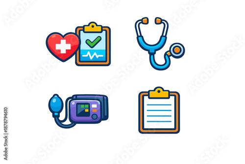 Set of medical icons: heart, stethoscope, blood pressure monitor
