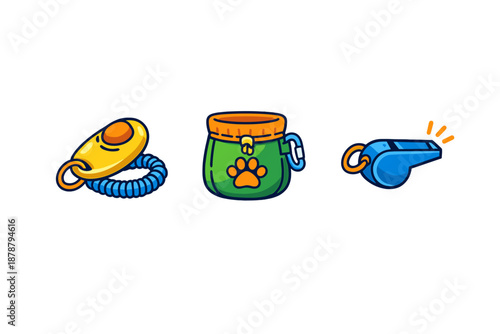 Dog training tools: clicker, treat pouch, and whistle