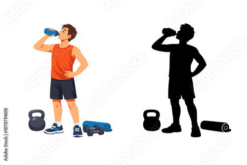Man drinking water after workout with gym equipment