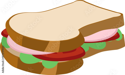Fresh ham and salad sandwich on sliced bread. Hand drawn clip art, perfect for deli menus, lunch cafe branding, or digital sticker designs.