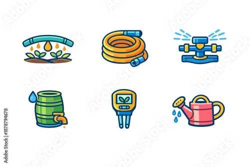 Gardening and watering icons with glowing effect