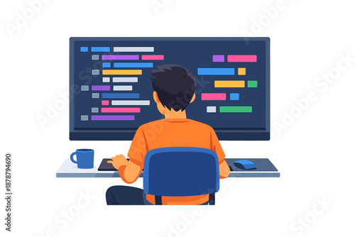 Programmer coding on a computer at night with glowing screen