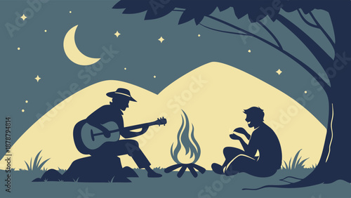 Silhouetted Friends Stargazing Camping Night Acoustic Guitar Music Around Campfire for Travel Adventure Relaxation