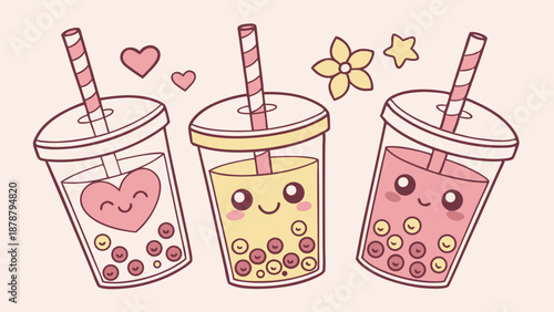 Cute Kawaii Bubble Tea Drinks for Cafe Menu Design Sweet Dessert Promotion Happy Summer Refreshment Vector Illustration