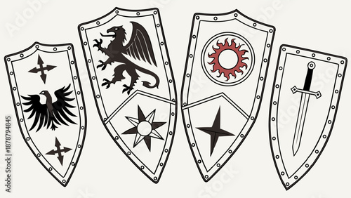 Medieval Fantasy Heraldry Shields Set Knightly Crests for Gaming Design RPG History Book Cover Illustration