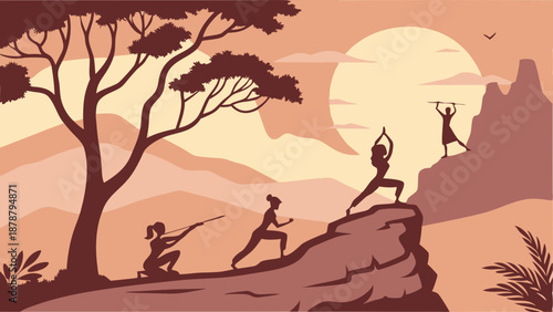 Silhouette Women Practicing Warrior Yoga Poses on Cliff at Sunset for Wellness Retreat Promotion