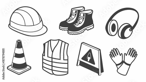 Essential Construction Safety Gear Icons for Workplace Hazard Prevention and Industrial Worker Protection Design Projects
