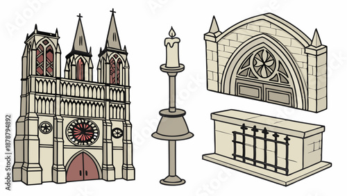 Gothic Cathedral Facade Candle Candelabra Tombstone Set for Game Design Historical Architecture Assets