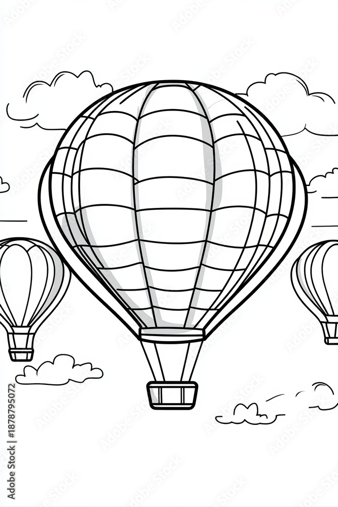 Naklejka premium Colorful Hot Air Balloons Floating Among Fluffy Clouds for Fun Children s Coloring Activities