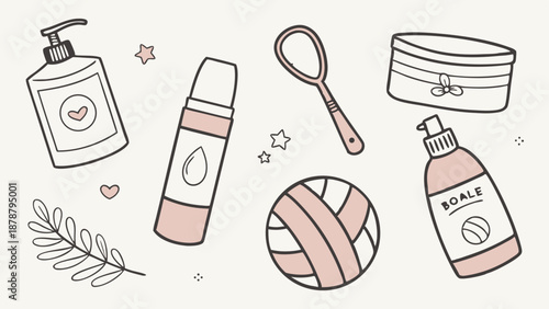Doodle Skincare Products and Beauty Tools for Spa Website Design Self Care Routine Illustration