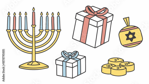 Hanukkah Celebration Icons Menorah Gifts Dreidel Gelt for Holiday Greeting Cards Web Design Seasonal Marketing