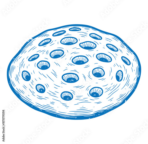 A blue line drawing of a cookie with many holes on a white background