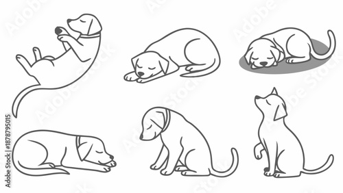 Adorable Puppy Dog Sleep Poses Set Relaxing Canine Line Art for Pet Care Websites and Children's Book Illustration
