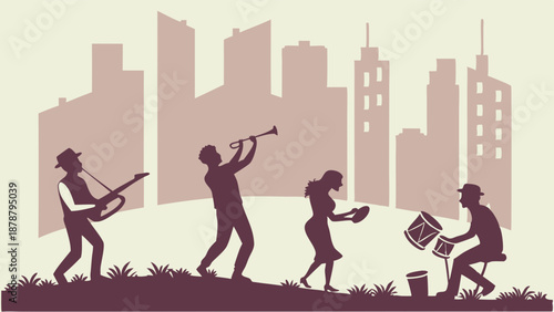 Energetic City Street Jazz Band Silhouette Performing Live Music Outdoors for Urban Audience Entertainment Design