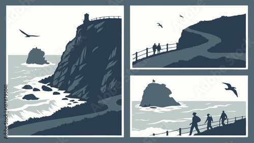 Coastal Cliffside Trail Hiking Tourists Scenic Ocean View Lighthouse Illustration for Travel Brochures and Adventure Web Design