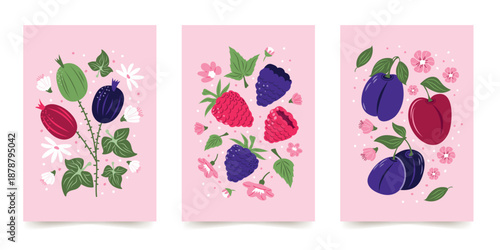 Collection of abstract fruit posters. Modern art print with hand-drawn raspberries, plums, and gooseberries. Fashionable vector design for wall decor, postcards, covers, and more.