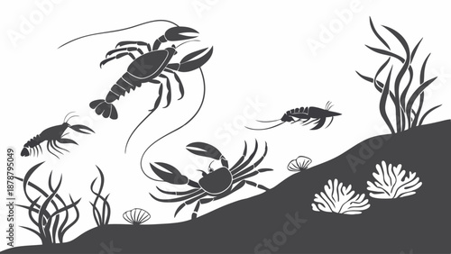 Underwater Ecosystem Silhouette with Crabs Lobsters and Aquatic Plants for Marine Biology or Seafood Design Projects